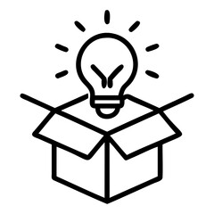 Poster - A lightbulb with radiating lines above an open box in a simple outline style image on transparent background