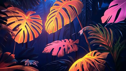 Poster - Vibrant tropical leaves in a dark jungle scene