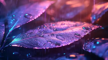 Poster - Neon-lit leaves with water droplets
