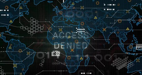 Poster - Dark screen revealing world map animating hex grids nodes flickering ACCESS DENIED scanning network