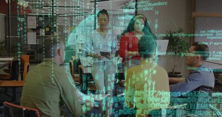 Poster - Leader tapping tablet in meeting, activating spinning globe with cascading code for data discussion