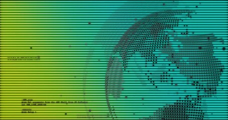 Poster - Vertical stripe appearing over gradient stripes revealing dotted globe rotating linking nodes