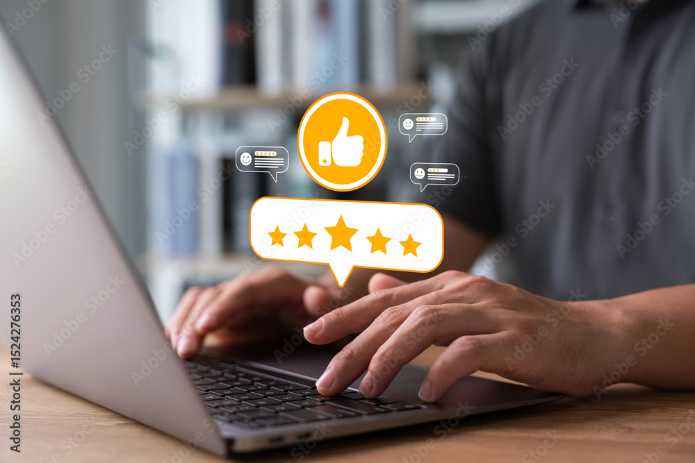 review and satisfaction concept, Customer giving five star rating and ...
