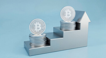 Poster - Bitcoin cryptocurrency value increasing depicted by growing stacks of coins and house shape