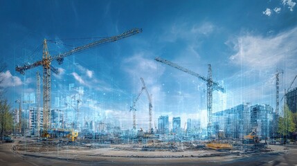 Poster - Wide Angle View of Construction Site with Cranes and Technology Elements