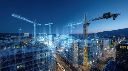Poster - Dynamic Construction Site with Cranes Outlined in Blue Light