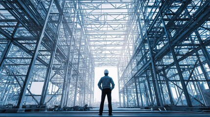 Poster - engineer observing large steel framework during construction process