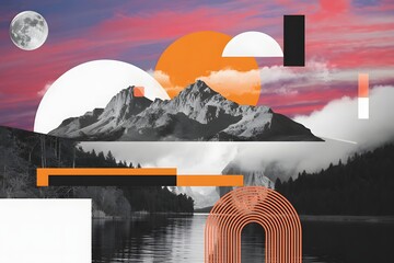 Aufkleber - Abstract Mountain Landscape with Geometric Shapes and a Moonlit Sky