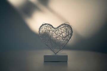 Poster - Abstract Heart Sculpture with Wire on a White Pedestal in Soft Light