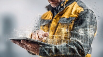 Poster - foreman with tablet in double exposure design for construction site