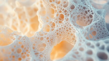 Poster - Close-up 3D abstraction of a porous organic structure with intricate, lace-like networks, resembling the spongy interior of a bone