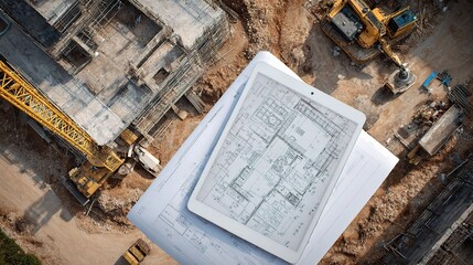 Poster - Aerial View of Construction Site with Tablet and Blueprints