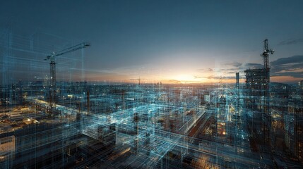 Poster - Digital Blueprint Overlay of Urban Landscape with Generative AI Elements
