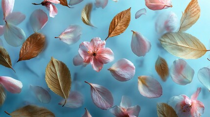 Poster - Scattered Petals and Leaves Over Soft Blue Background Aesthetic