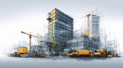Poster - Digital Illustration of Modern Building Construction and Engineering Process