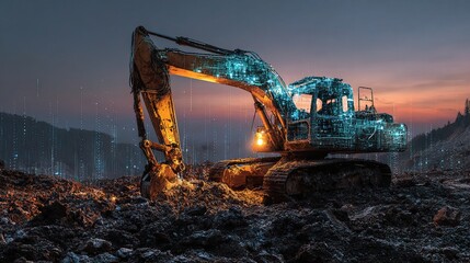 Poster - Excavator at Dawn Digging Earth with Holographic Effects