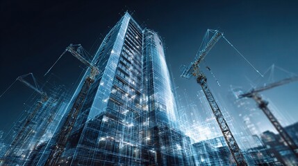 Poster - Futuristic Building Facade with Crane Silhouettes and Urban Skyline