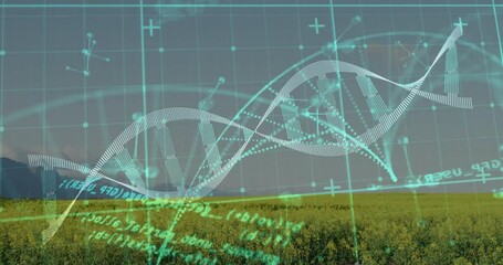 Aufkleber - Opening meadow revealing grid and helix drifting right, molecular nodes and code showing crop data