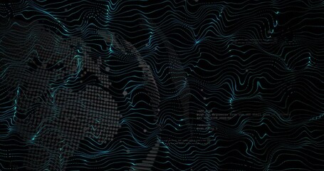 Aufkleber - Pulsing teal waves initiating nodal sphere rotating dissolving code glyphs flickering showing data