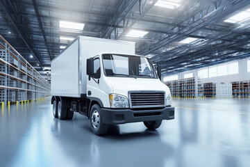 Aufkleber - White delivery truck parked in spacious warehouse environment Generative AI