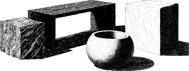 Poster - Modern granite sculptures: engraved illustration set featuring unique stone designs