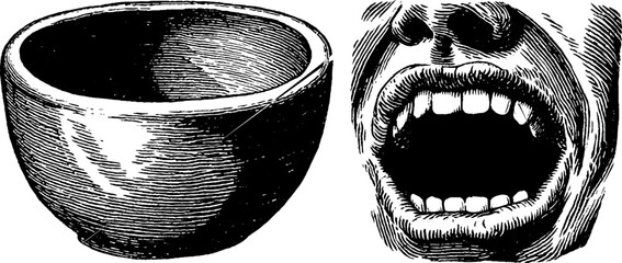 Poster - Engraved vintage art series illustration of screaming face bowl. Detailed monochrome woodcut design with bold, expressive texture and sharp