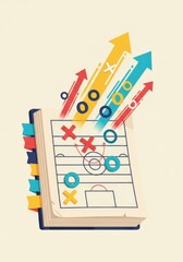Poster - Strategic Planning Notebook - Open notebook displaying a game strategy with upward-pointing arrows, symbolizing growth and success