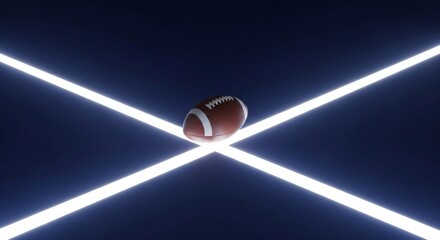Poster - Touchdown Minimalist - A football rests at the intersection of two glowing lines, symbolizing achievement, victory, precision, and the crossing of a goal line. Minimalist design