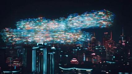 Poster - Futuristic city skyline with dynamic neon lights and moving digital patterns