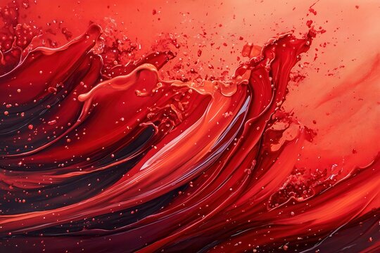 Vibrant red liquid splash with dynamic droplets, A vibrant red liquid splashes dynamically, sending droplets flying in various directions