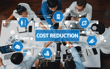 Aufkleber - Team Collaboration on Cost Reduction Strategies in a Modern Office Setting with Hands and Technology in Focus. Amity