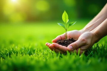 a hand gently cradles a young tree sapling amidst lush green grass , conservation, sustainable