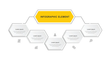 Aufkleber - 5 step infographic template. Vector diagram with 5 line hexagon and icons suitable for business information and web presentation.