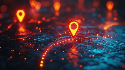 Poster - Glowing map markers Pin with a neon path on a dark surface at night, 4K Resolution