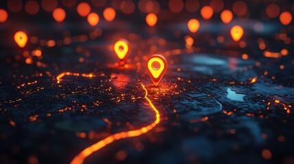 Poster - Glowing map markers Pin with a neon path on a dark surface at night, 4K Resolution