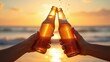 © Arman Suman - Two beer bottles clinking with foam, Sunset beach background and warm hues, Celebration concept with action freeze, Refreshed summer scene with bokeh light