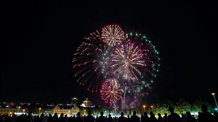 Wall Mural - fireworks in the sky above a crowd of people watching