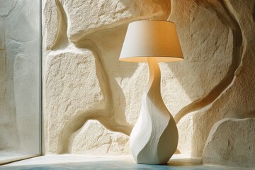 Aufkleber - Elegant Table Lamp Against Textured Wall, Showcasing Interior Design and Architectural Innovation With Warm Lighting : Generative AI