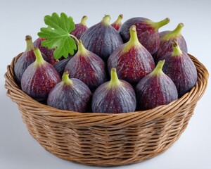 Poster - Fresh Figs in Wicker Basket With Green Leaf, Representing Healthy Eating and Agricultural Abundance, Perfect for Food Bloggers and Culinary Marketing : Generative AI