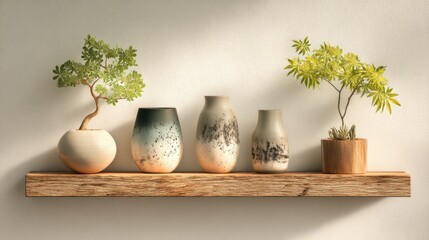 Aufkleber - Minimalist Interior With Vases and Plants on Wooden Shelf, Showcasing Home Decor and Sustainable Living, Ideal for Interior Design and Lifestyle Content : Generative AI
