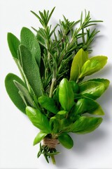 Poster - Fresh Herb Bouquet of Rosemary, Sage, and Basil on White, Symbolizing Natural Wellness and Culinary Ingredient Sourcing : Generative AI