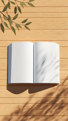 Poster - Open Book on Wooden Table with Leafy Branch, Ideal for Publishing Mockups and Creative Writing Projects, Offering a Sense of Serenity and Reflection : Generative AI