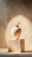 Aufkleber - Minimalist Vase with Dried Stems on Plinth in Warm Light, Ideal for Interior Design and Home Decor Visualizations, Conveying Serenity and Simplicity : Generative AI