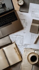 Poster - Architect's Desk With Laptop, Blueprints, and Coffee, Symbolizing Creative Collaboration and Interior Design Solutions for Home Improvement Projects : Generative AI