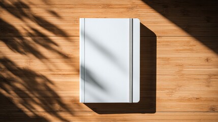 Poster - White Notebook on Bamboo Table With Leaf Shadows, Representing Organization and Creative Planning for Business and Lifestyle Content : Generative AI