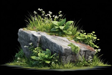 Aufkleber - Rocky Outcrop With Lush Greenery and Wildflowers Against Black Backdrop, Symbolizing Natural Beauty and Environmental Awareness for Conservation Projects : Generative AI
