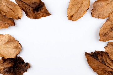 Poster - Dried Leaves Bordering White Space, Ideal for Autumn Greetings and Seasonal Marketing Campaigns, Representing Nature's Transition : Generative AI