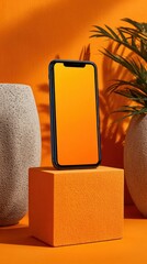 Aufkleber - Smartphone on Orange Block With Plant and Vase, Showcasing Mobile Technology and Modern Lifestyle Product Presentation : Generative AI