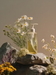 Poster - Clear Bottle of Liquid Soap Surrounded By Flowers on Rocks, Showcasing Natural Beauty and Promoting Eco-Friendly Lifestyle Products : Generative AI