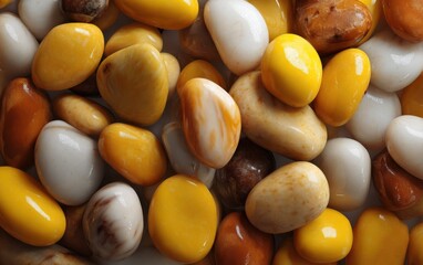 Poster - Smooth Polished Stones in Yellow, White, and Brown, Showcasing Texture and Natural Beauty for a Wellness or Mindfulness Concept : Generative AI